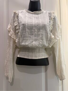C&V Chelsea & Violet White Ruffle Crochet Smocked Cotton Blouse S
